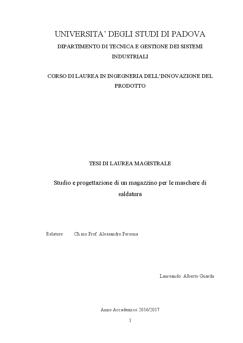 Anteprima della tesi: Studio e progettazione di un magazzino per le maschere di saldatura, Pagina 1