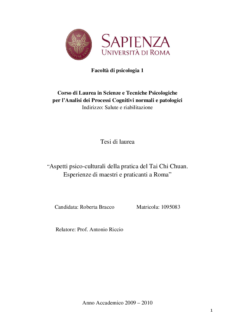 Anteprima della tesi: Aspetti psico-culturali della pratica del Tai Chi Chuan. Esperienze di maestri e praticanti a Roma, Pagina 1