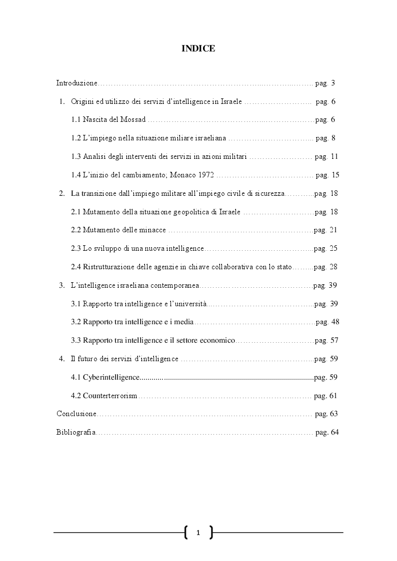Indice della tesi: L’intelligence tra guerra e società. L'esperienza di Israele, Pagina 1