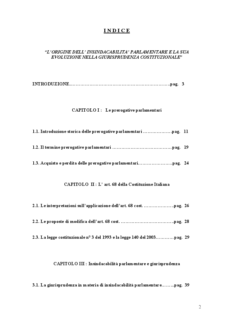 Indice della tesi: L'origine dell'insindacabilità parlamentare e la sua evoluzione nella giurisprudenza costituzionale, Pagina 1
