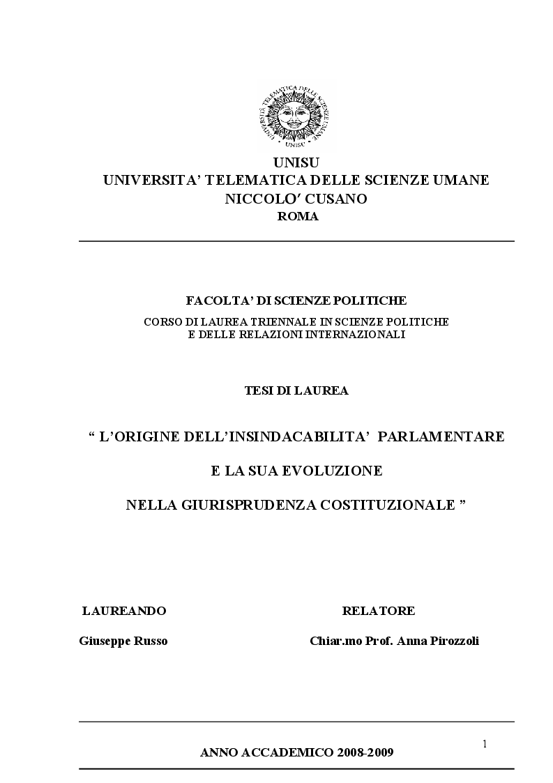 Anteprima della tesi: L'origine dell'insindacabilità parlamentare e la sua evoluzione nella giurisprudenza costituzionale, Pagina 1