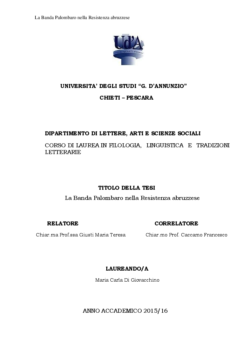 Anteprima della tesi: La Banda Palombaro nella Resistenza abruzzese, Pagina 1