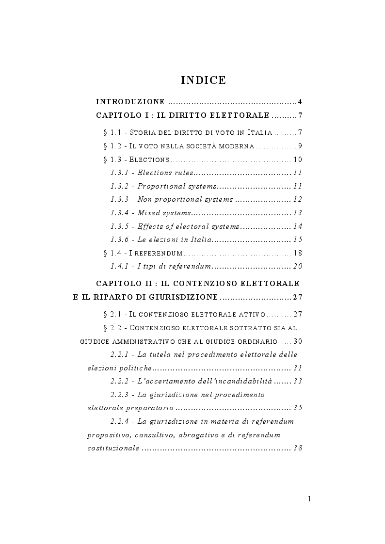 Indice della tesi: Il diritto e il contenzioso elettorale, Pagina 1