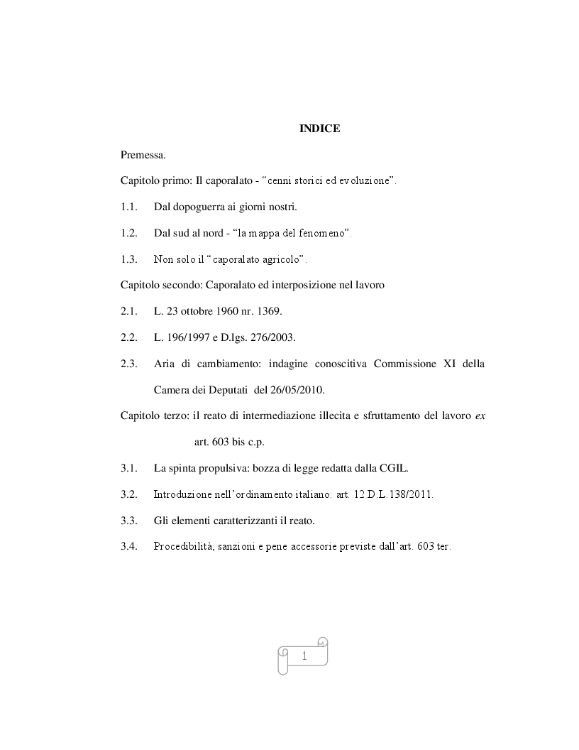Indice della tesi: Il nuovo caporalato, Pagina 1