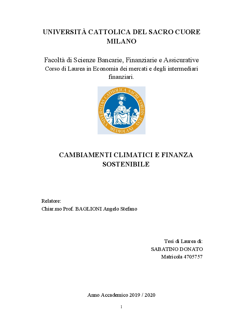 Anteprima della tesi: Cambiamenti climatici e finanza sostenibile, Pagina 1