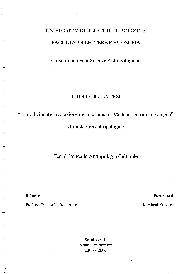 Anteprima della tesi: La ''tradizionale'' lavorazione della canapa tra Modena, Ferrara e Bologna, Pagina 1