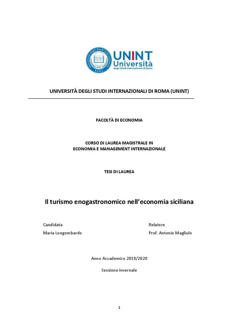 Anteprima della tesi: Il Turismo enogastronomico nell'economia siciliana, Pagina 1