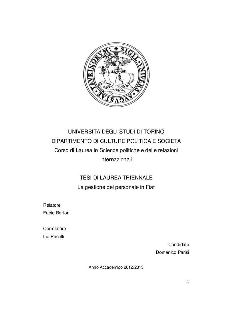 Anteprima della tesi: La gestione del personale in Fiat, Pagina 1