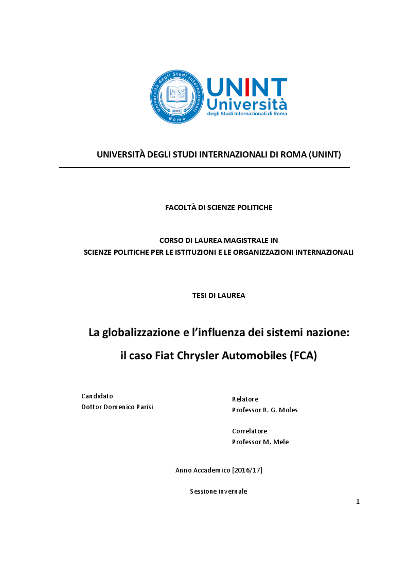 Anteprima della tesi: La globalizzazione e l’influenza dei sistemi nazione: il caso Fiat Chrysler Automobiles (FCA), Pagina 1