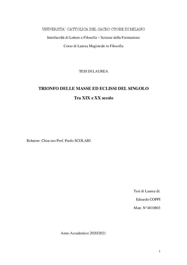 Anteprima della tesi: Trionfo delle masse ed eclissi del singolo. Tra il XIX e XX secolo., Pagina 1