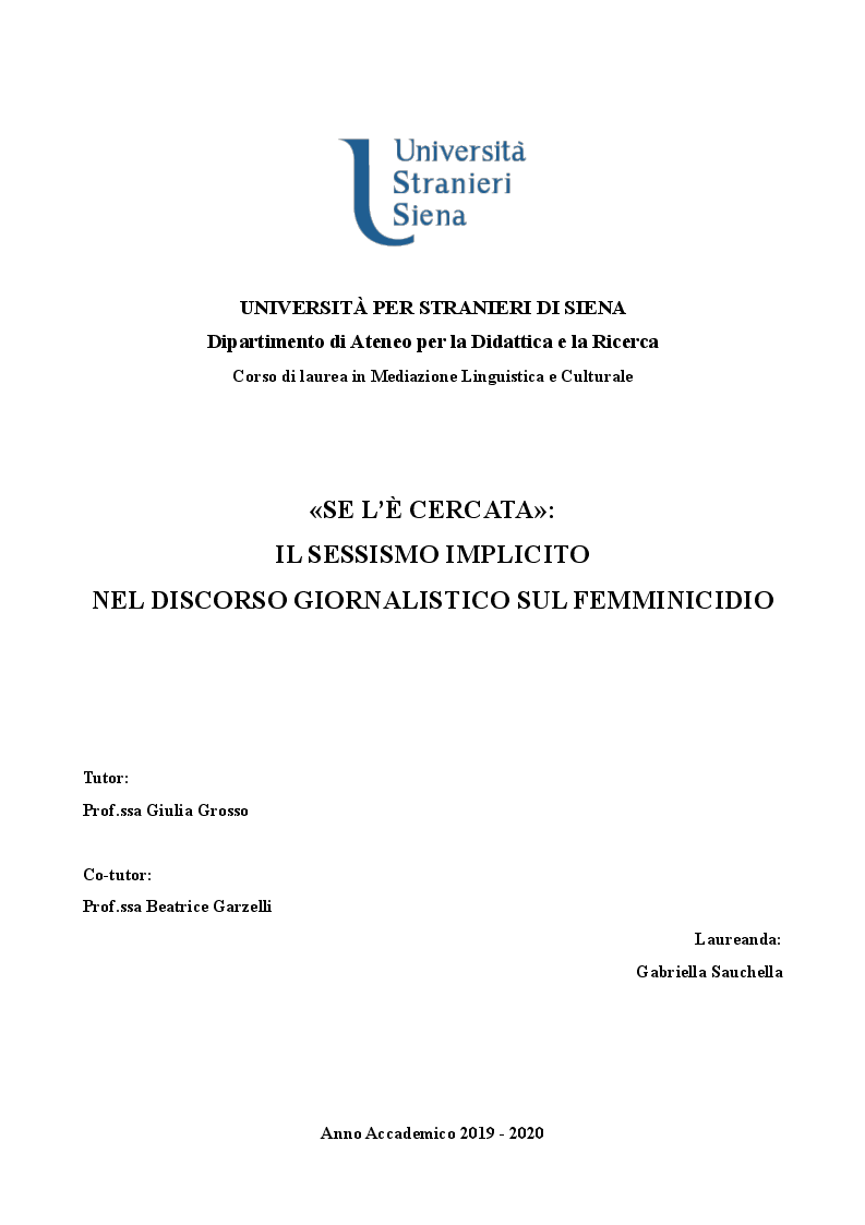 Anteprima della tesi: «Se l'è cercata»: il sessismo implicito nel discorso giornalistico sul femminicidio, Pagina 1
