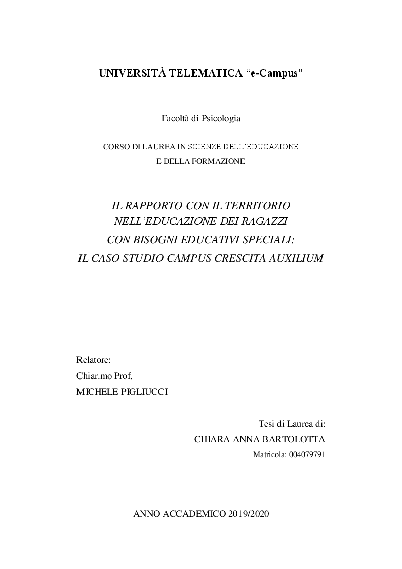 Anteprima della tesi: Il rapporto con il territorio nell'educazione con i ragazzi con bisogni educativi speciali: Il caso studio Campus Crescita Auxilium, Pagina 1