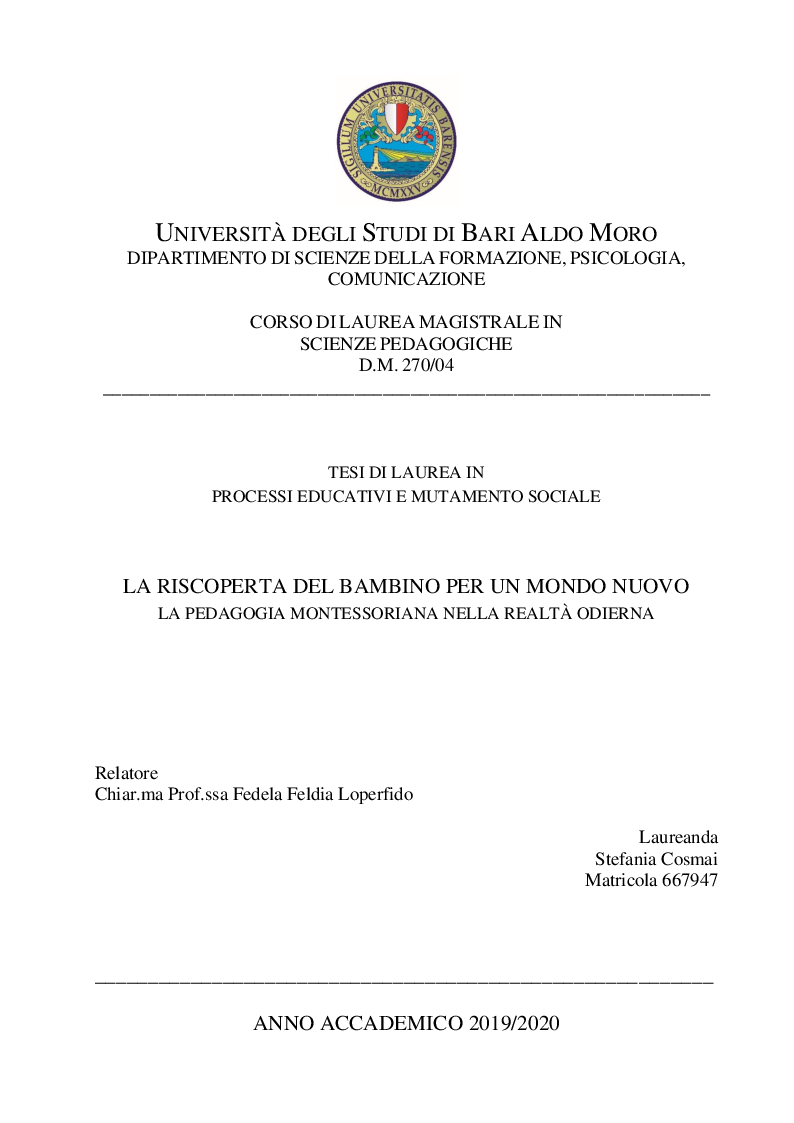 Anteprima della tesi: La riscoperta del bambino per un mondo nuovo. La pedagogia montessoriana nella realtà odierna, Pagina 1