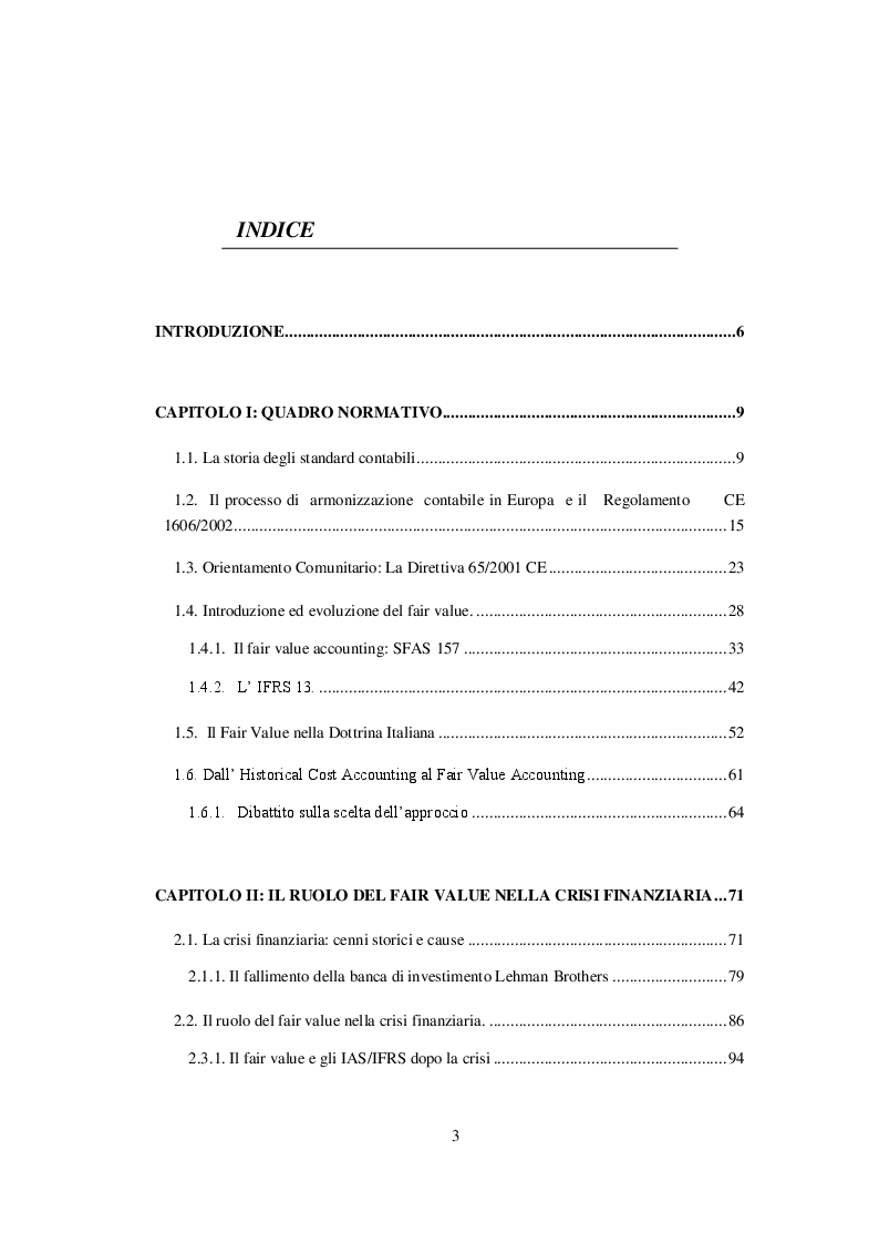 Indice della tesi: Il fair value e il suo ruolo nella crisi finanziaria del 2008. Dalla crisi finanziaria alla crisi da Covid-19., Pagina 1