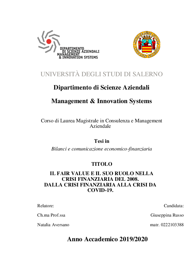 Anteprima della tesi: Il fair value e il suo ruolo nella crisi finanziaria del 2008. Dalla crisi finanziaria alla crisi da Covid-19., Pagina 1