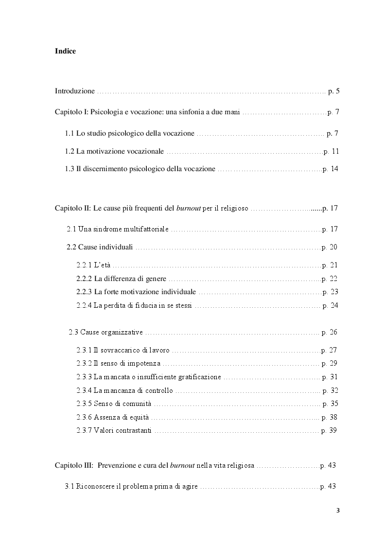 Indice della tesi: La sindrome del burnout nella vita religiosa. Cause, prevenzione e cura di un modello stressogeno., Pagina 1
