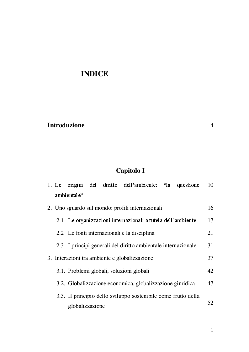 Indice della tesi: Il diritto dell'ambiente nell'ordinamento globale, Pagina 1