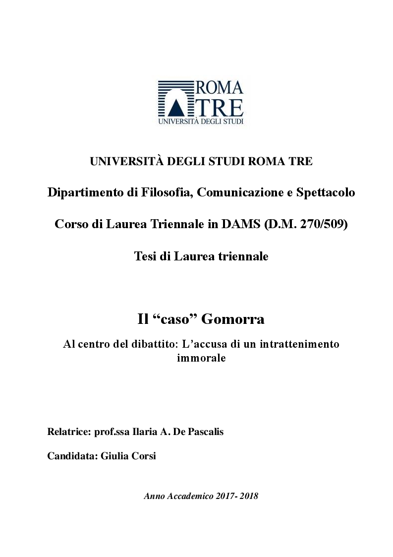Anteprima della tesi: Il caso Gomorra. Al centro del dibattito l'accusa di un intrattenimento immorale, Pagina 1
