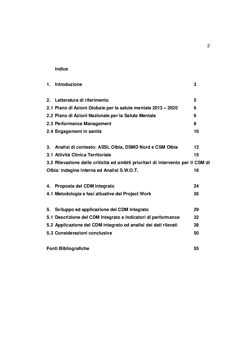 Indice della tesi: Il Performance Management applicato in sanità: adattamento del Cruscotto Direzionale Multidimensionale (CDM) al Centro di Salute Mentale di Olbia, Pagina 1