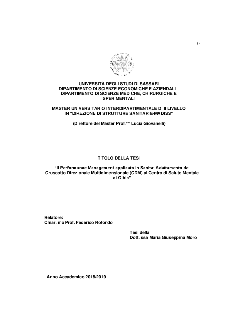 Anteprima della tesi: Il Performance Management applicato in sanità: adattamento del Cruscotto Direzionale Multidimensionale (CDM) al Centro di Salute Mentale di Olbia, Pagina 1