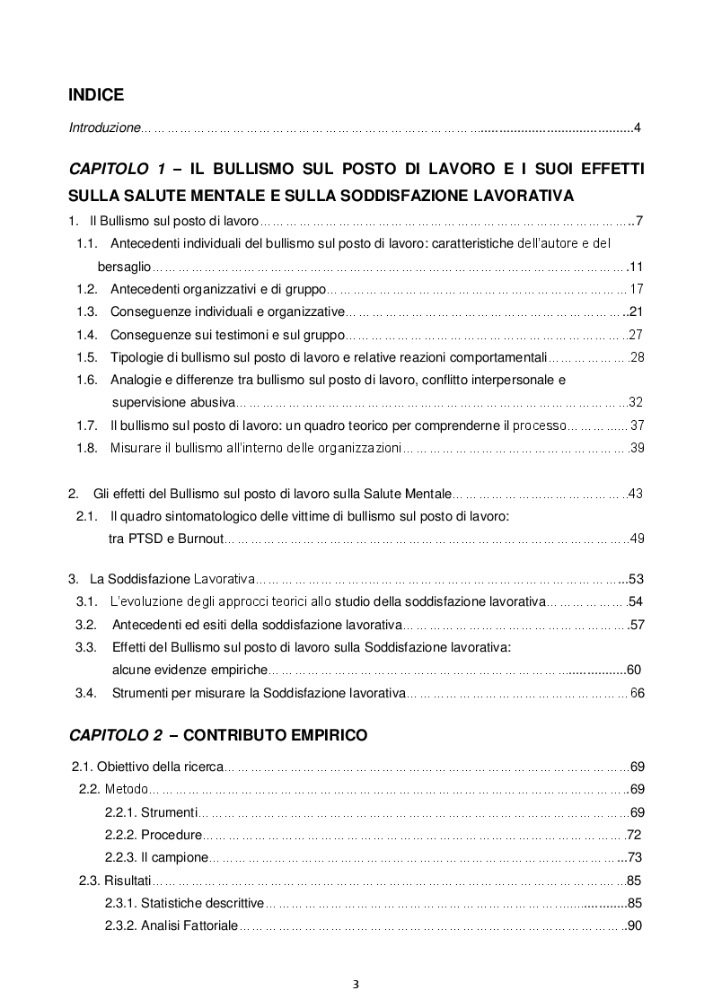 Indice della tesi: Il Bullismo sul posto di lavoro: effetti sulla Salute mentale e sulla Soddisfazione lavorativa, Pagina 1