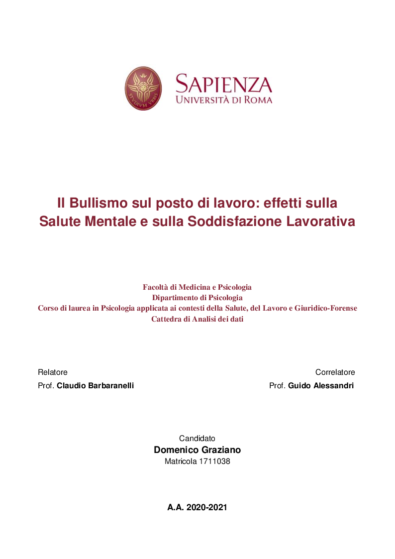 Anteprima della tesi: Il Bullismo sul posto di lavoro: effetti sulla Salute mentale e sulla Soddisfazione lavorativa, Pagina 1