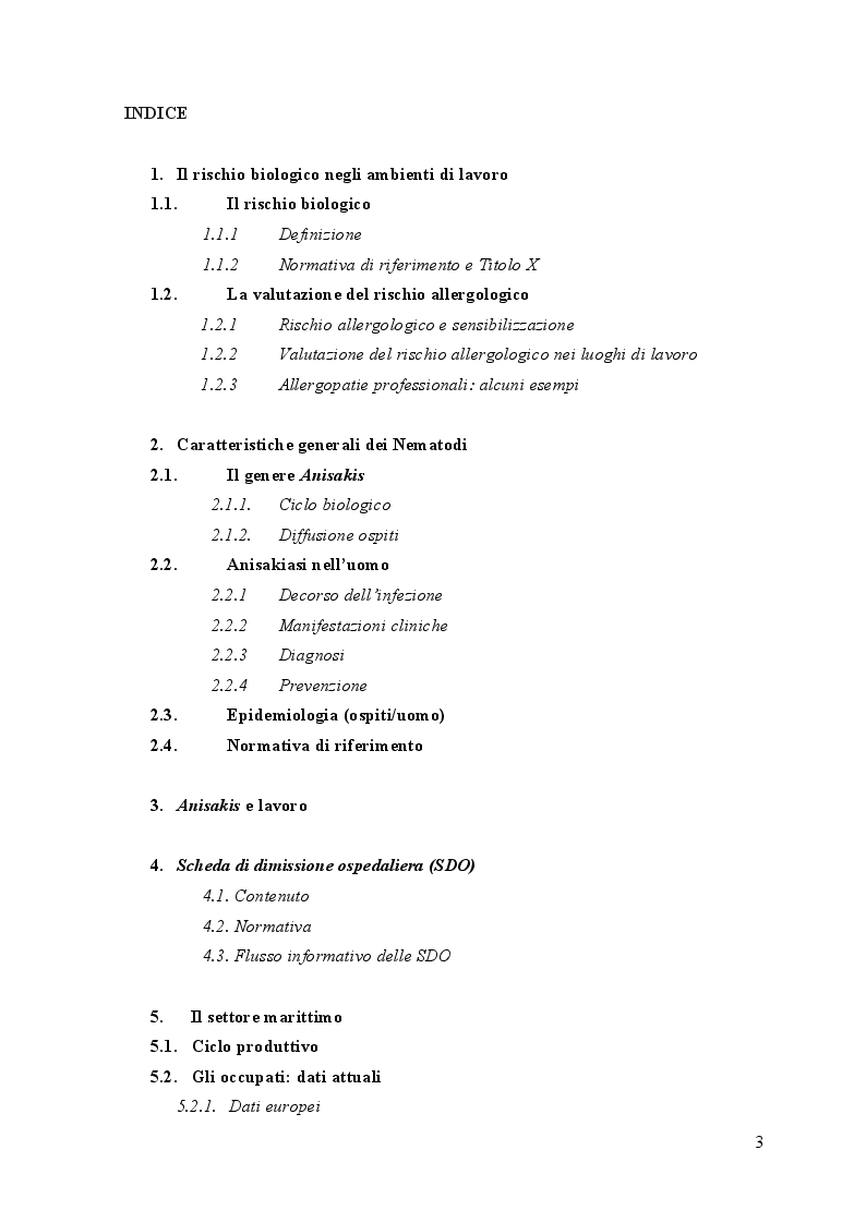Indice della tesi: Utilizzo delle schede di dimissione ospedaliera per migliorare la conoscenza del rischio da anisakis: rischio emergente in medicina del lavoro, Pagina 1