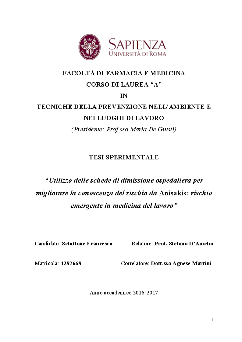 Anteprima della tesi: Utilizzo delle schede di dimissione ospedaliera per migliorare la conoscenza del rischio da anisakis: rischio emergente in medicina del lavoro, Pagina 1