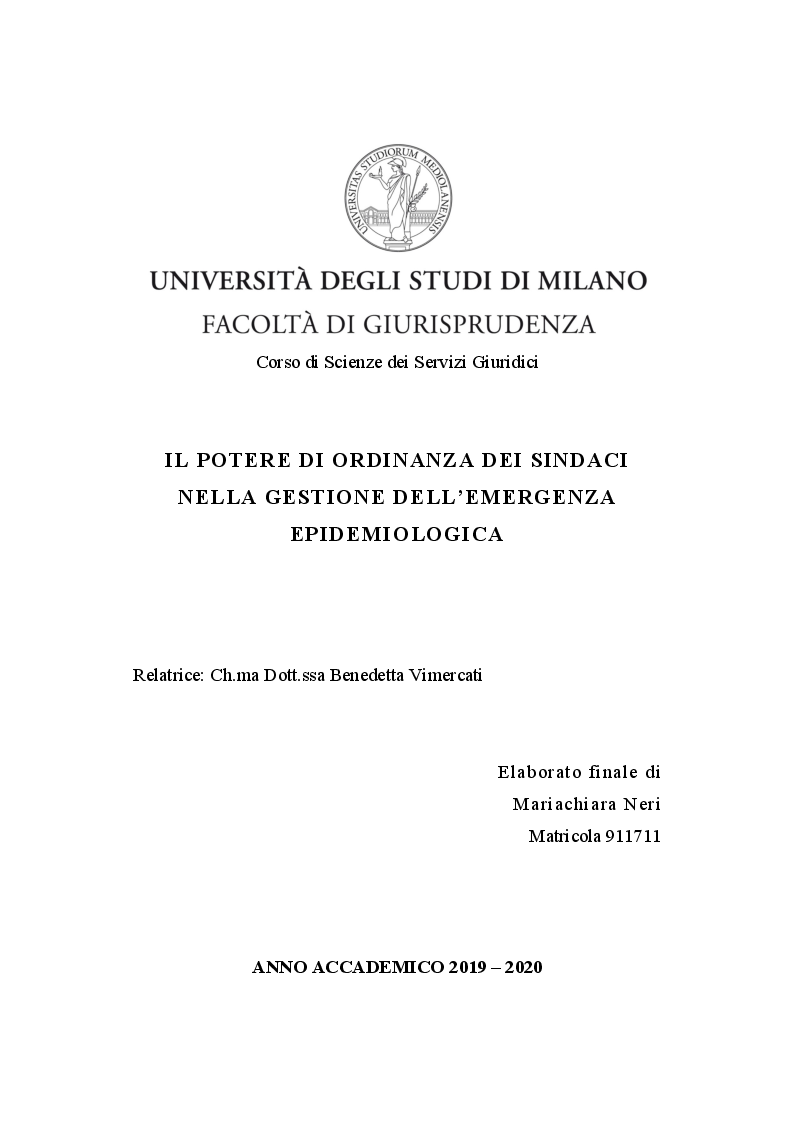 Anteprima della tesi: Il potere di ordinanza dei Sindaci nella gestione dell'emergenza epidemiologica, Pagina 1