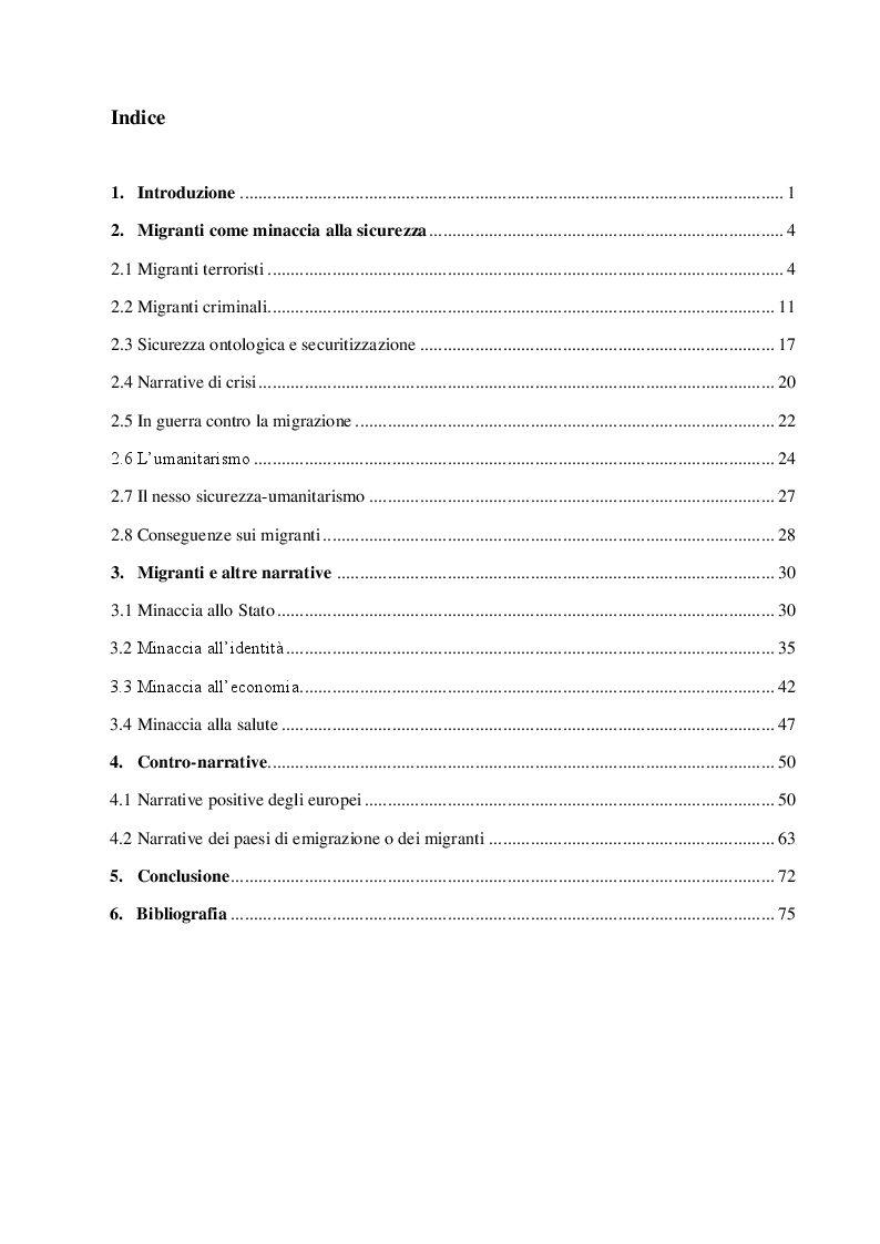 Indice della tesi: Europa e migrazioni: narrative a confronto, Pagina 1