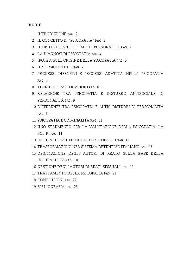 Indice della tesi: Riflessioni sugli aspetti clinico-giuridici dei soggetti con disturbo psicopatico, tra cambiamenti gestionali e prospettive trattamentali, Pagina 1