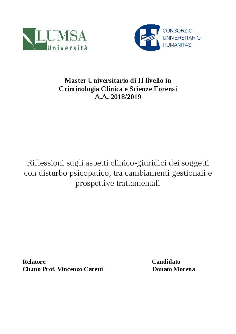 Anteprima della tesi: Riflessioni sugli aspetti clinico-giuridici dei soggetti con disturbo psicopatico, tra cambiamenti gestionali e prospettive trattamentali, Pagina 1