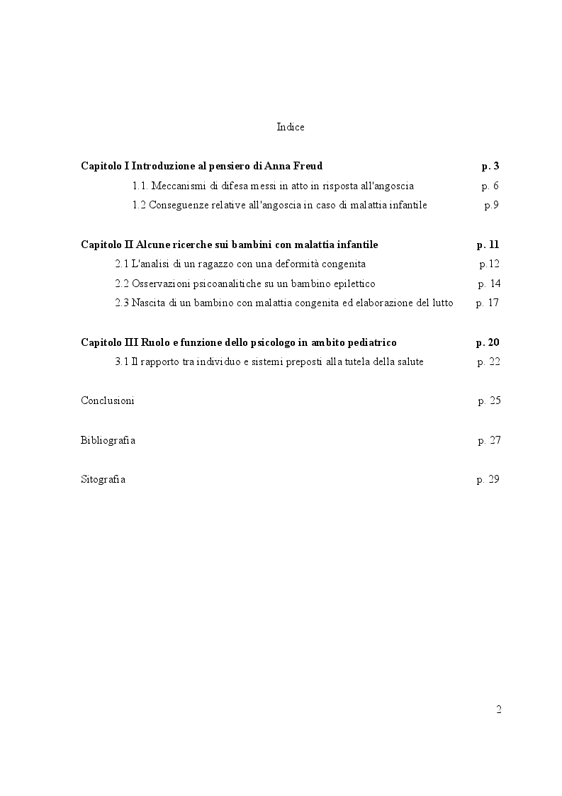 Indice della tesi: Il contributo di Anna Freud allo studio della malattia infantile, Pagina 1