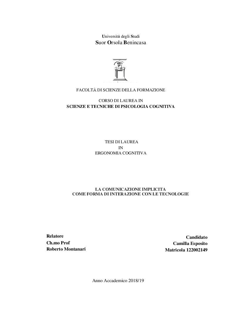 Anteprima della tesi: La comunicazione implicita come forma di interazione con le tecnologie, Pagina 1