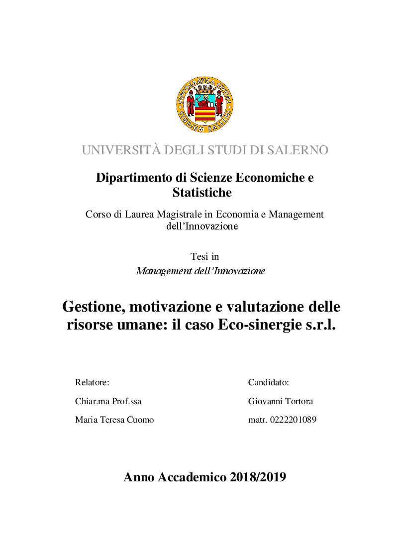Anteprima della tesi: Gestione, motivazione e valutazione delle risorse umane: il caso Eco-sinergie s.r.l., Pagina 1