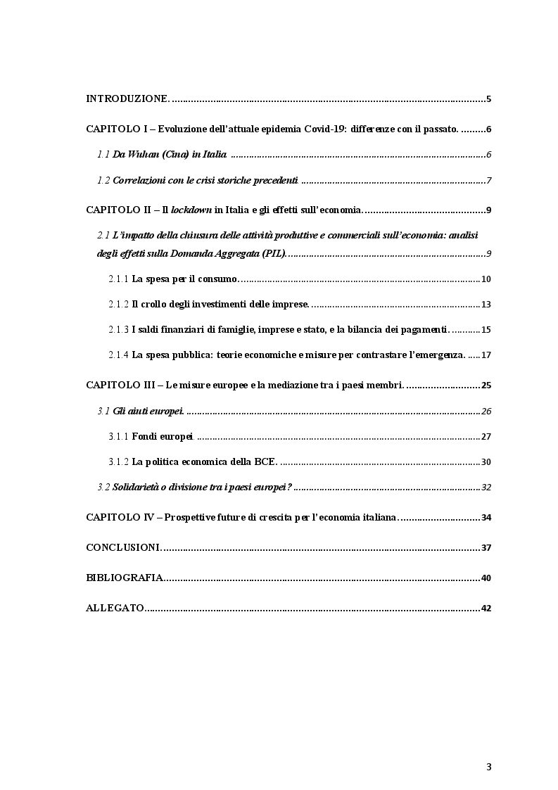 Indice della tesi: L'economia italiana ai tempi del Covid-19: teorie e politiche, Pagina 1