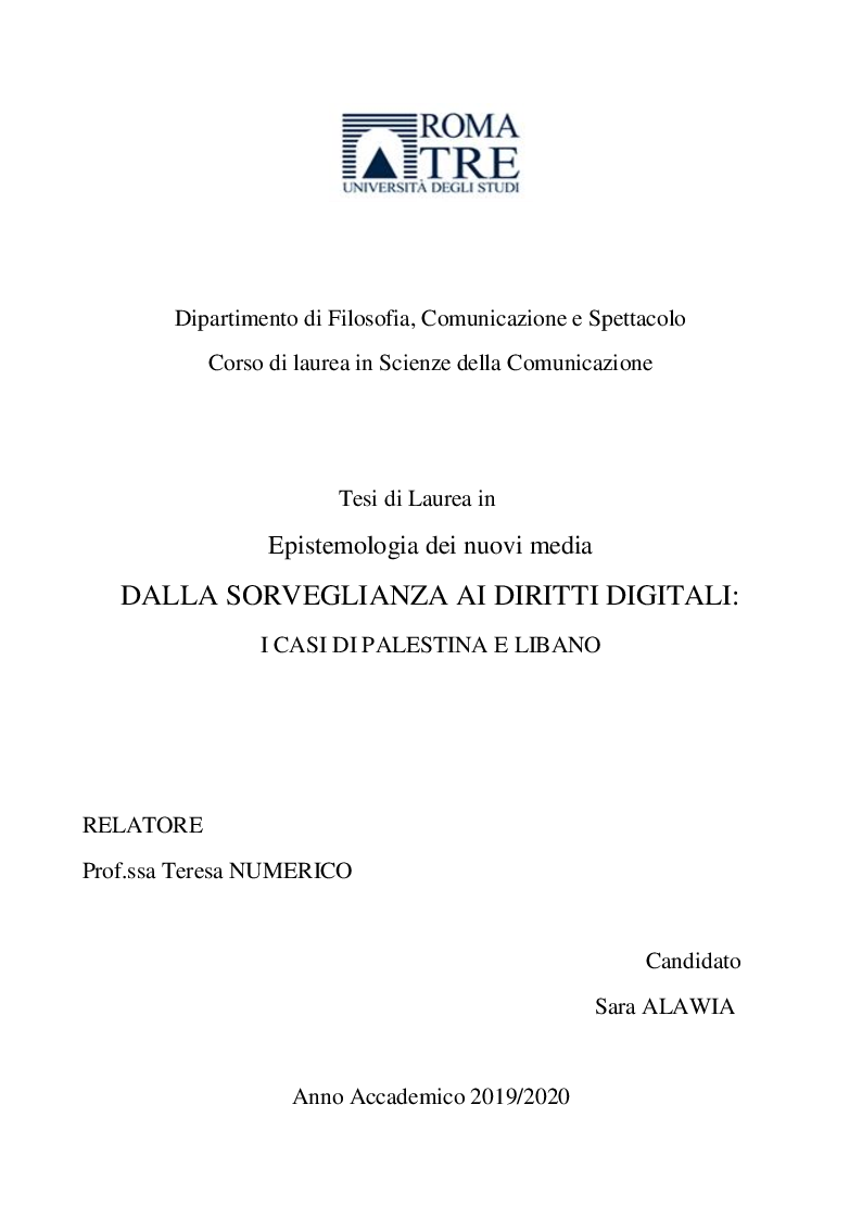 Anteprima della tesi: Dalla sorveglianza ai diritti digitali: i casi di Palestina e Libano, Pagina 1