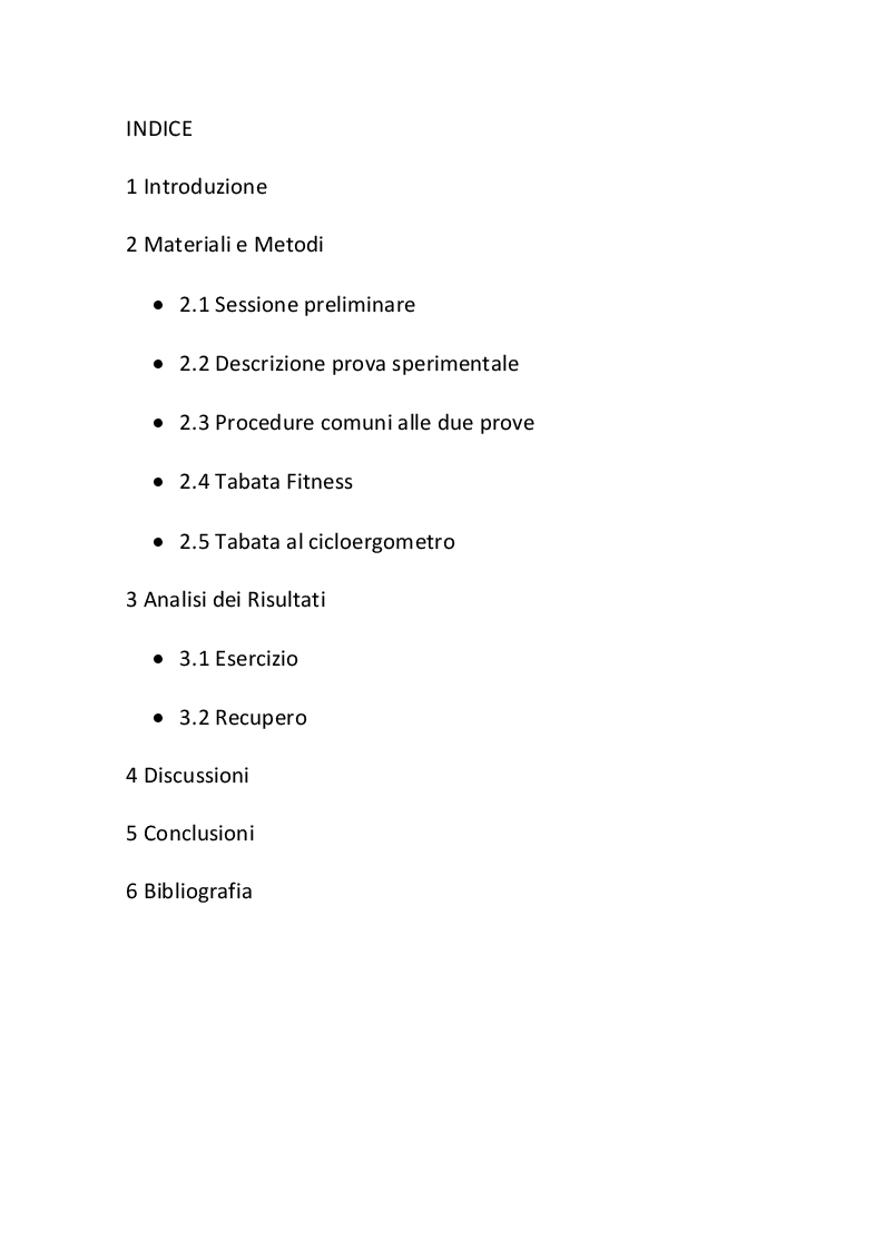 Indice della tesi: Risposte fisiologiche nel Tabata Training: confronto tra versione originale e variante fitness, Pagina 1