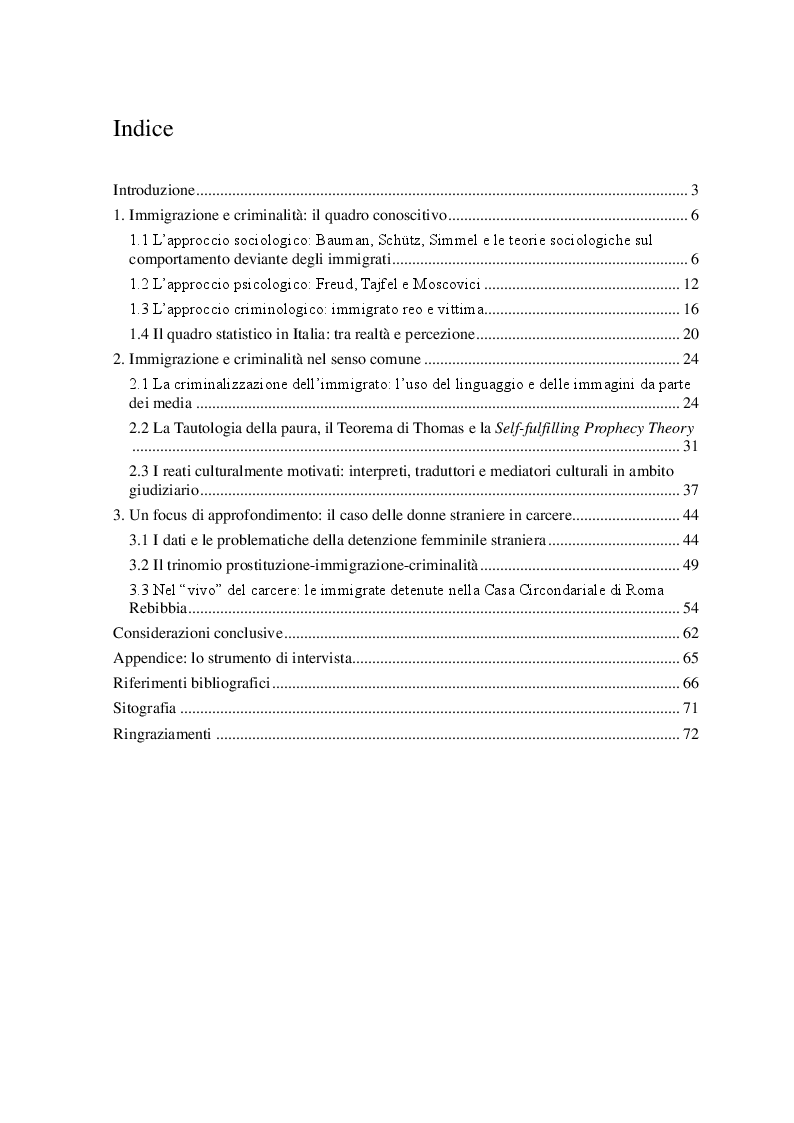 Indice della tesi: Tra percezione e realtà: l’immigrazione e il problematico rapporto con la criminalità, Pagina 1