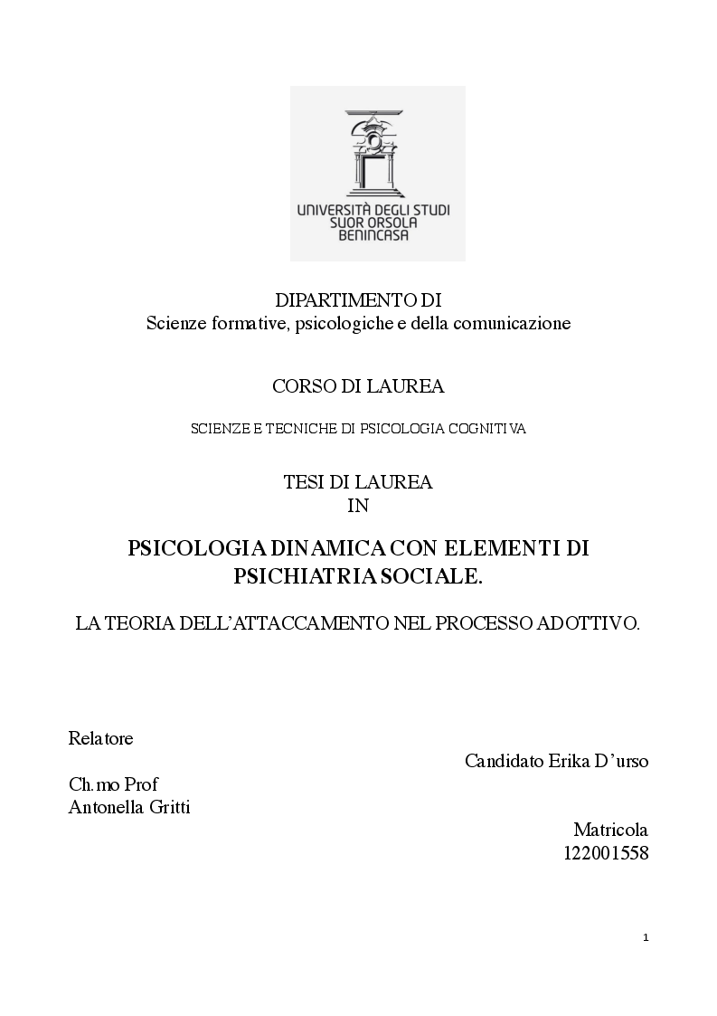 Anteprima della tesi: La teoria dell'attaccamento nel processo adottivo, Pagina 1