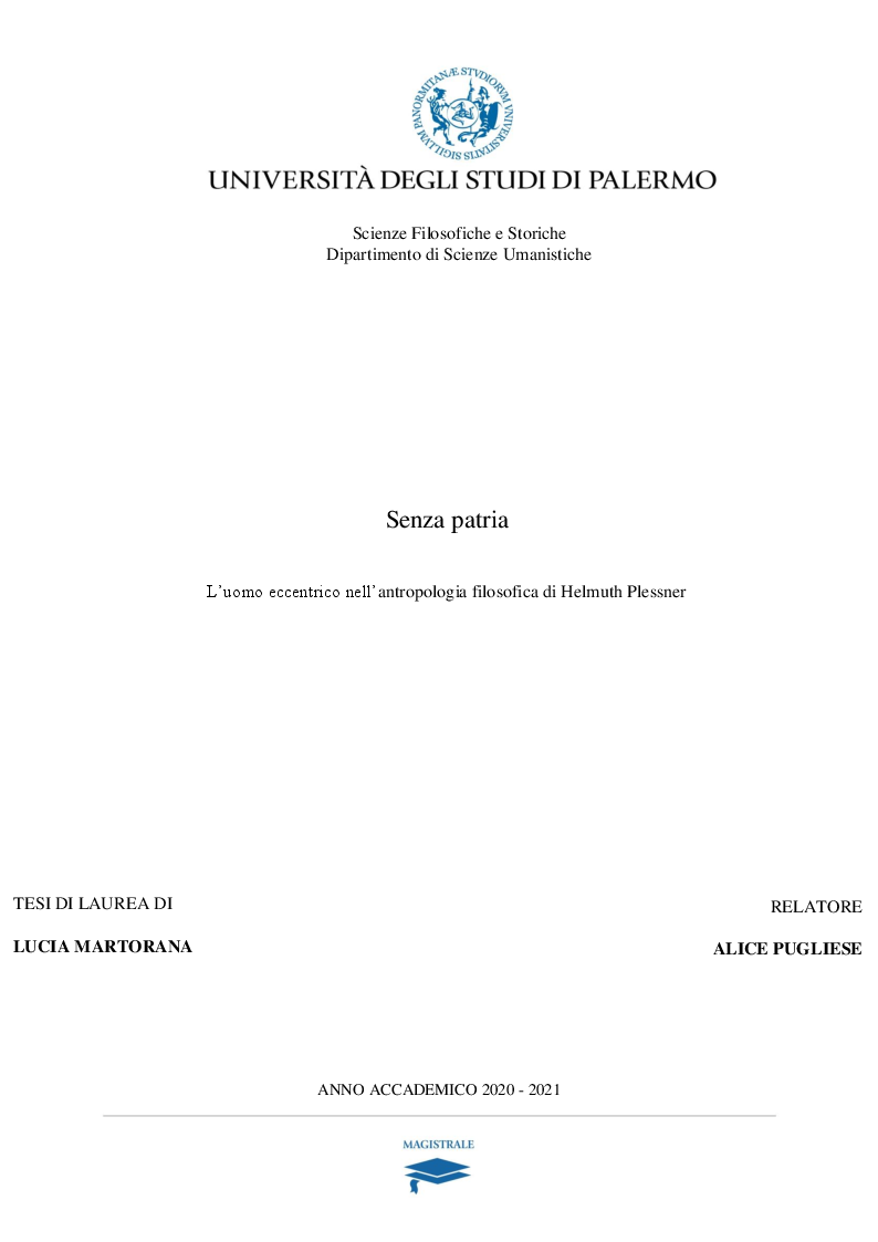 Anteprima della tesi: Senza patria - L'uomo eccentrico nell'antropologia filosofica di Helmuth Plessner, Pagina 1