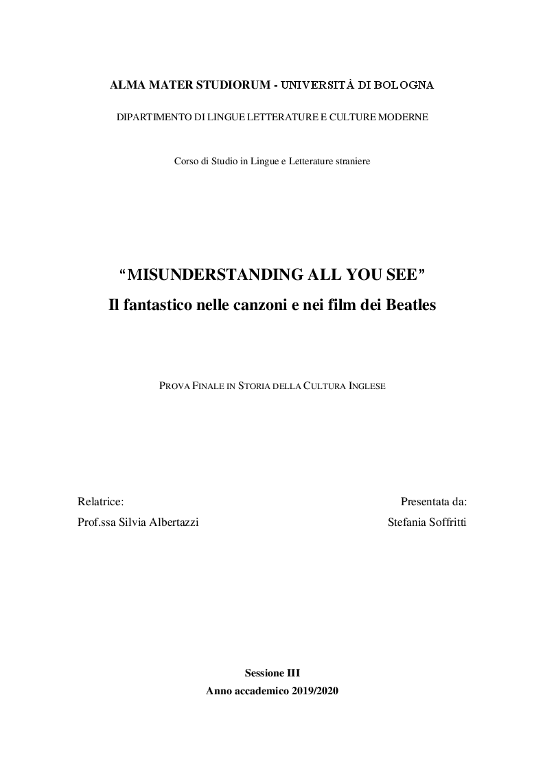 Anteprima della tesi: ''Misunderstanding all you see''. Il fantastico nelle canzoni e nei film dei Beatles, Pagina 1