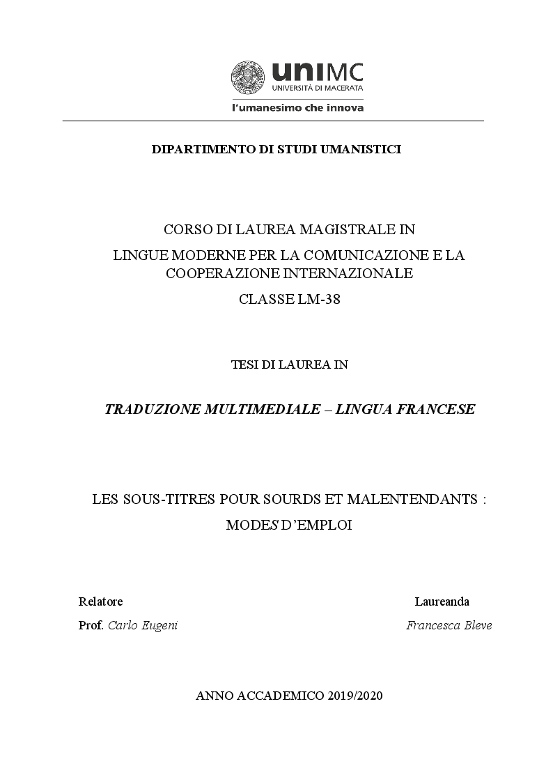 Anteprima della tesi: Les sous-titres pour sourds et malentendants: Modes d'emploi, Pagina 1