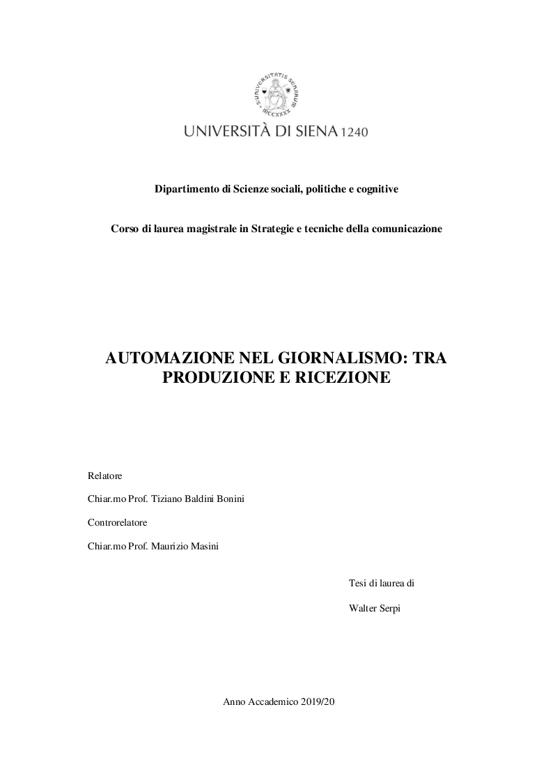 Anteprima della tesi: Automazione nel giornalismo: tra produzione e ricezione, Pagina 1