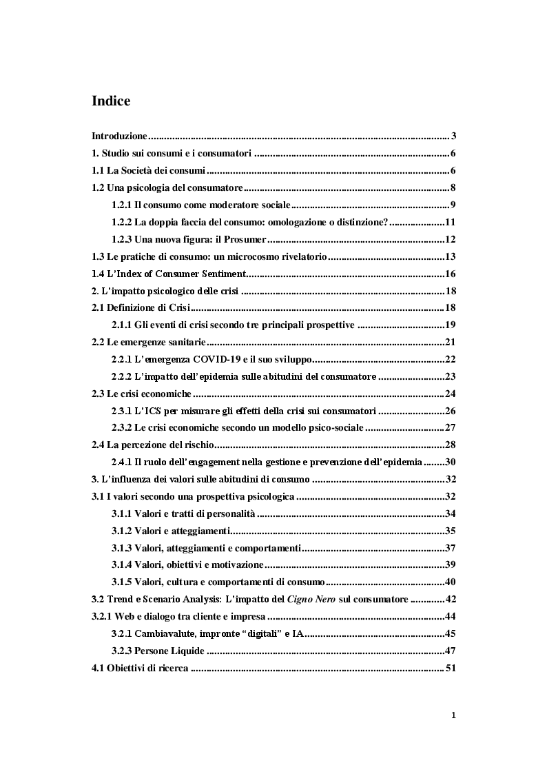 Indice della tesi: Valori e aspettative di consumo nel periodo di Covid-19, Pagina 1