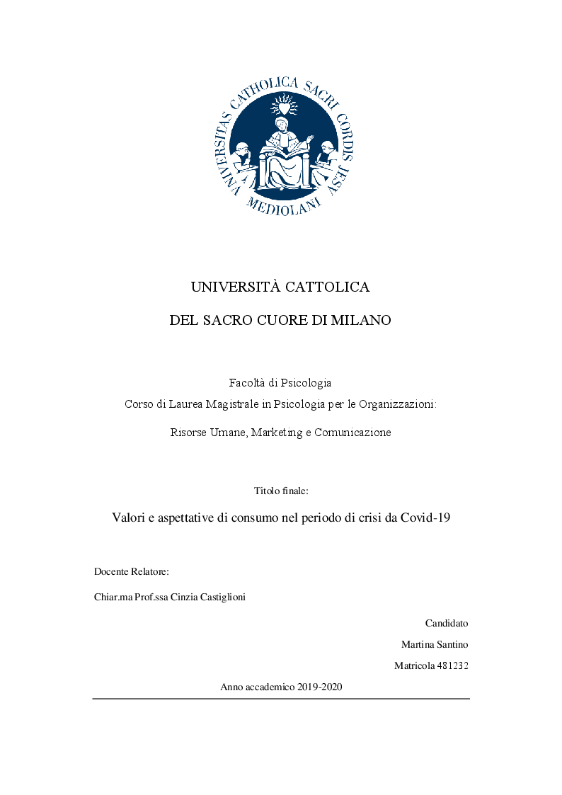 Anteprima della tesi: Valori e aspettative di consumo nel periodo di Covid-19, Pagina 1