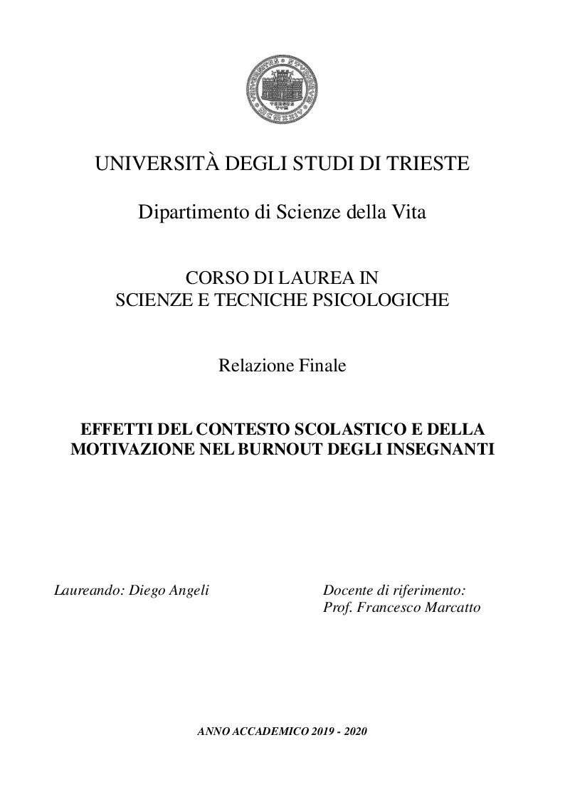 Anteprima della tesi: Effetti del contesto scolastico e della motivazione nel burnout degli insegnanti, Pagina 1