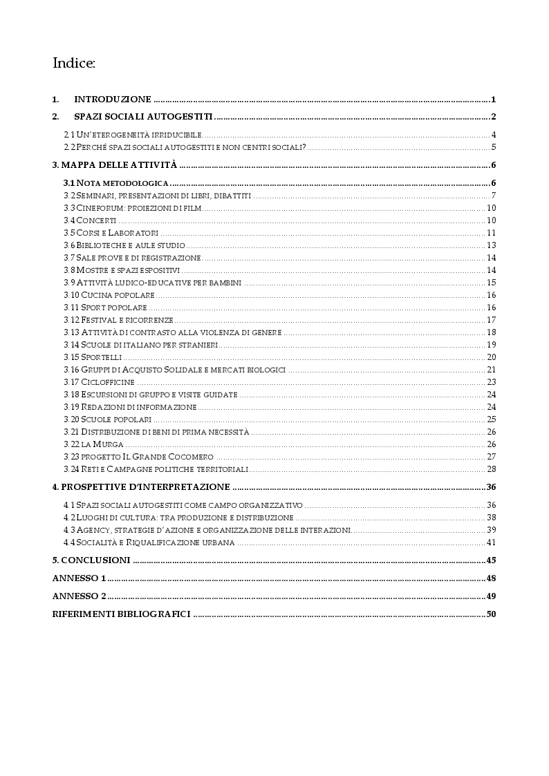 Indice della tesi: Domande di socialità e riqualificazione urbana. Una mappa delle attività degli Spazi Sociali Autogestiti di Roma, Pagina 1