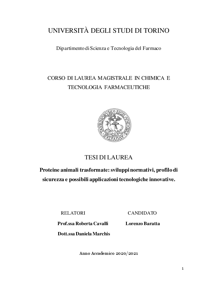 Anteprima della tesi: Proteine animali trasformate: sviluppi normativi, profilo di sicurezza e possibili applicazioni tecnologiche innovative., Pagina 1