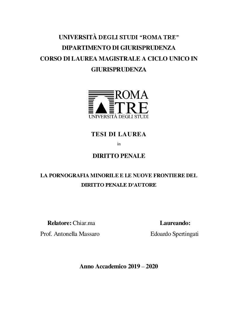 Anteprima della tesi: La pornografia minorile e le nuove frontiere del diritto penale d'autore, Pagina 1